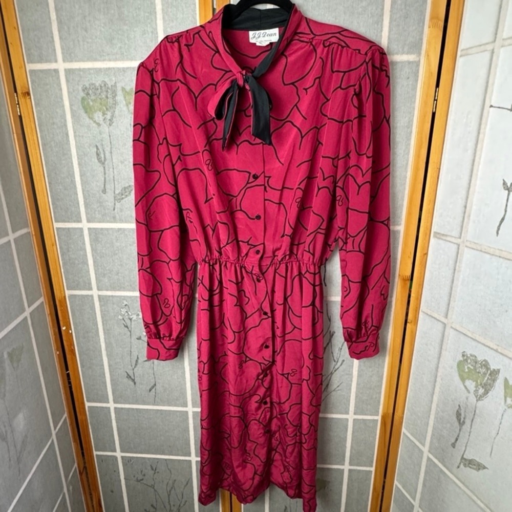 J.J. Dean of California Vintage 80s Pink Black Abstract Floral Bow Midi Dress 16 - Picture 1 of 6